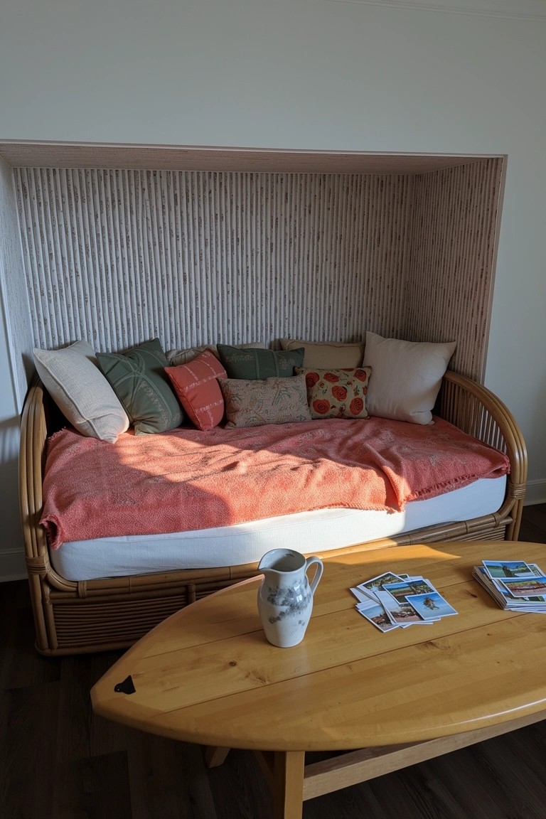 Rattan daybed with pillows and pink blanket in a cane-paneled alcove, surfboard coffee table with vase and postcards nearby
