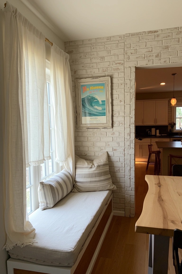 Bright window nook with built-in white bench cushion topped by striped pillows, sheer curtains, whitewashed brick wall, and surf poster, opening to wood kitchen table