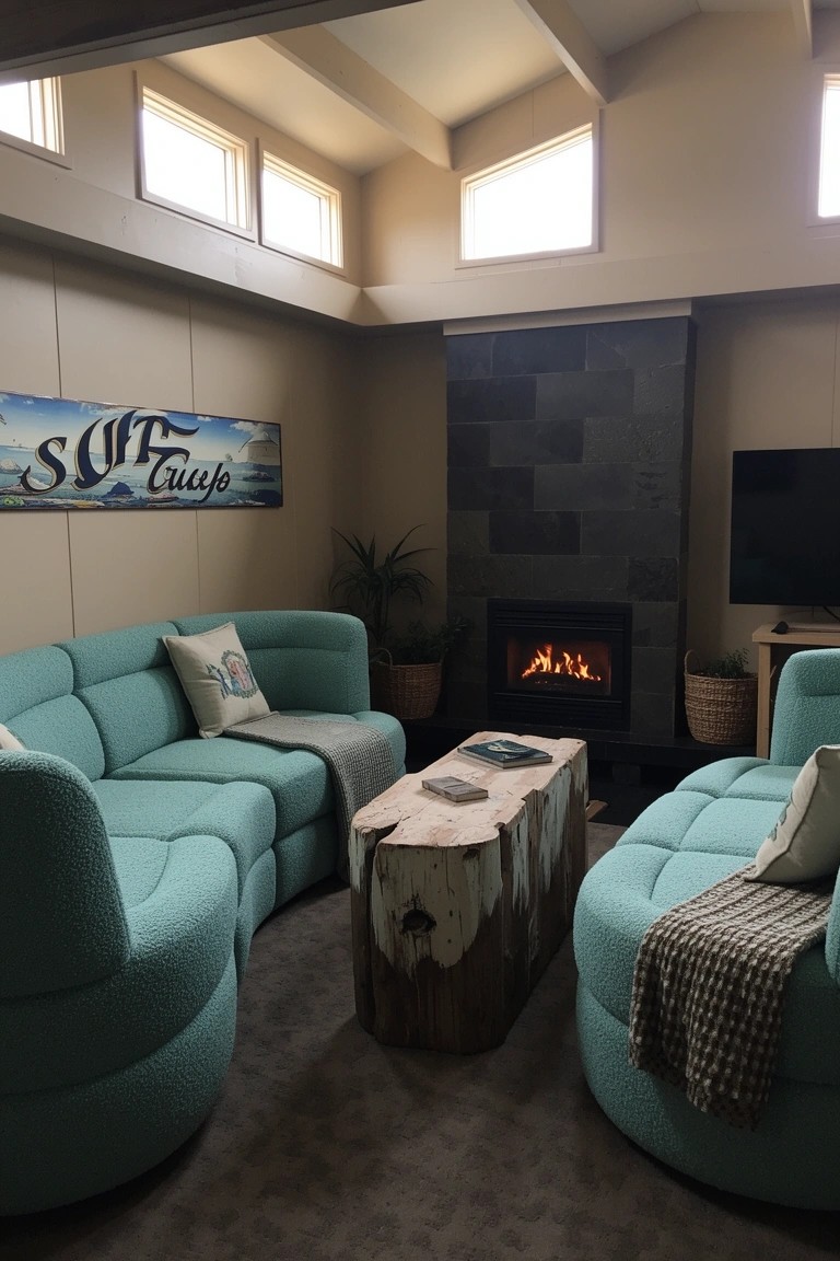 Curved teal modular sofas arranged in a U-shape around a live-edge wood coffee table in a cozy surf house living room with stone fireplace