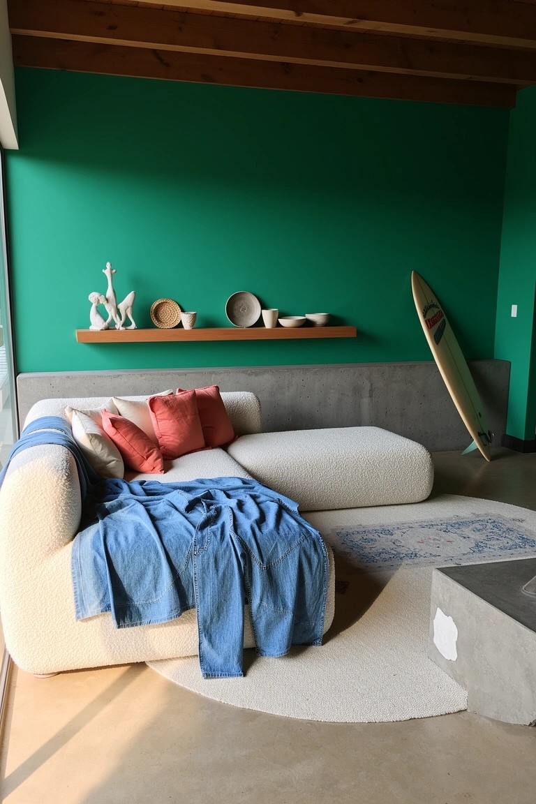 Surf house living room with bold green accent wall, curved white sofa draped in blue throw, red pillows, leaning surfboard, and low concrete table