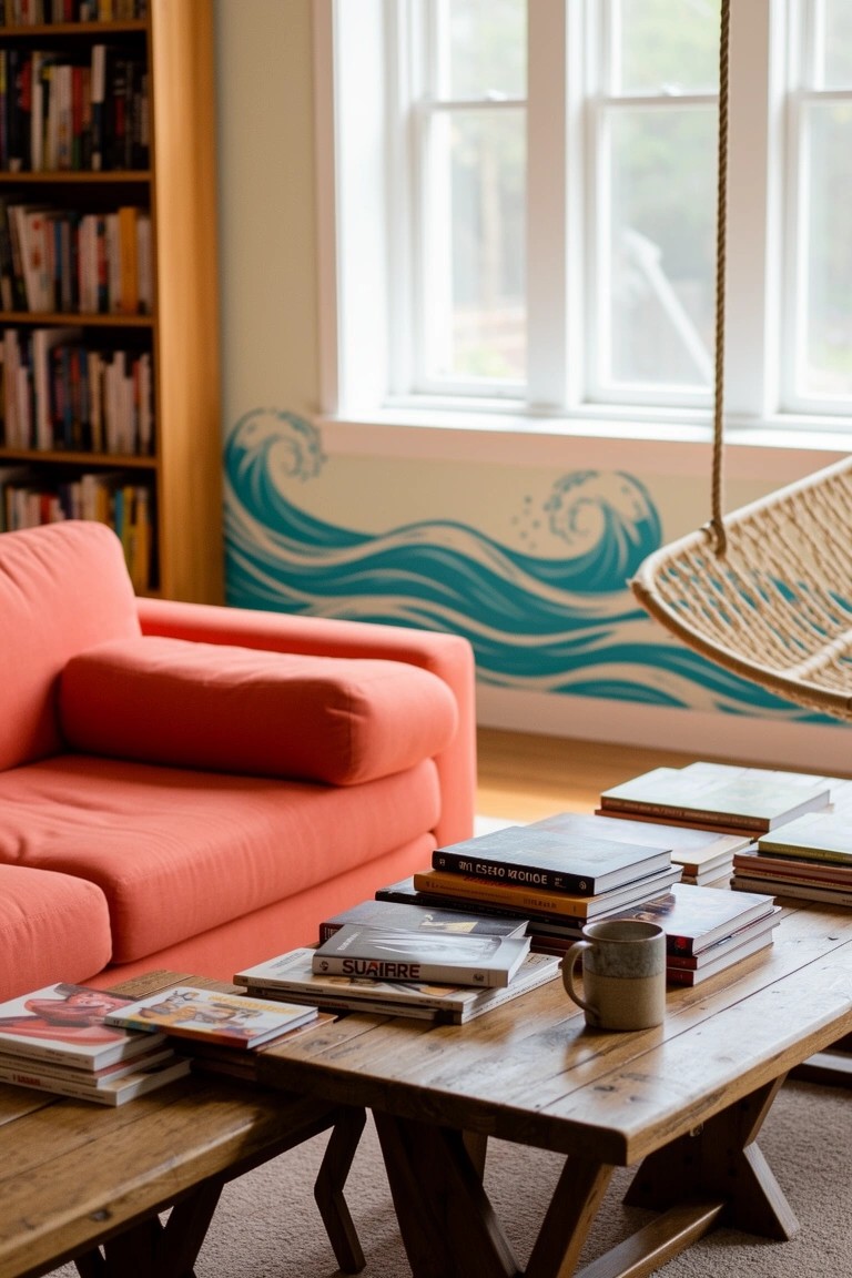 Cozy surf-inspired living room with orange sofa, wooden coffee table stacked with books and mug, bookshelves, turquoise wave mural on wall, and hanging rope swing chair by large windows