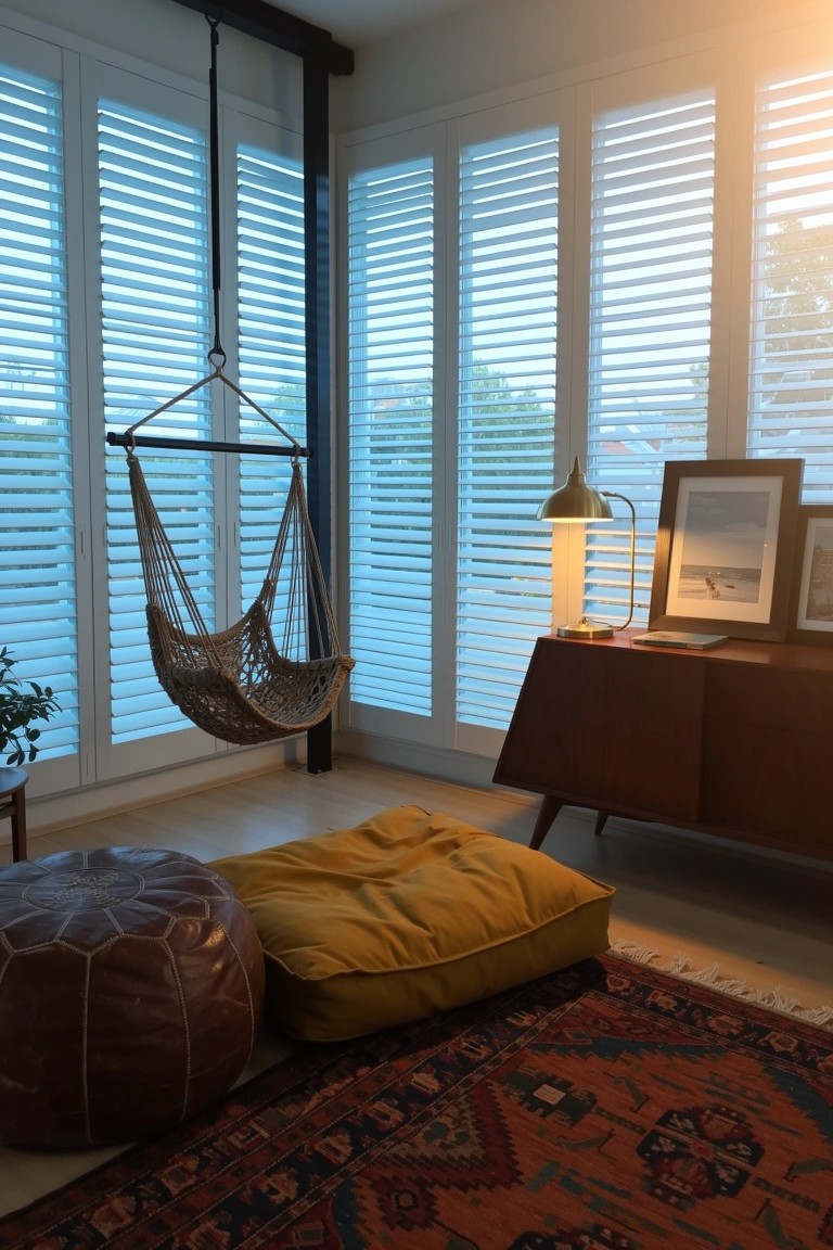 Living room corner with woven hanging swing chair near shuttered windows, wooden sideboard, leather pouf, and yellow cushion on Moroccan rug
