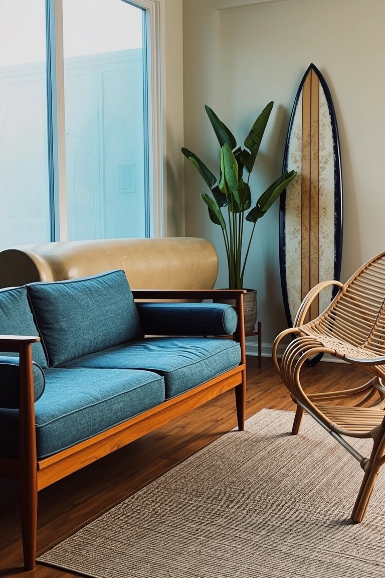Living room corner with blue mid-century sofa, rattan chair, potted palm, and wooden surfboard leaning against beige wall by large window