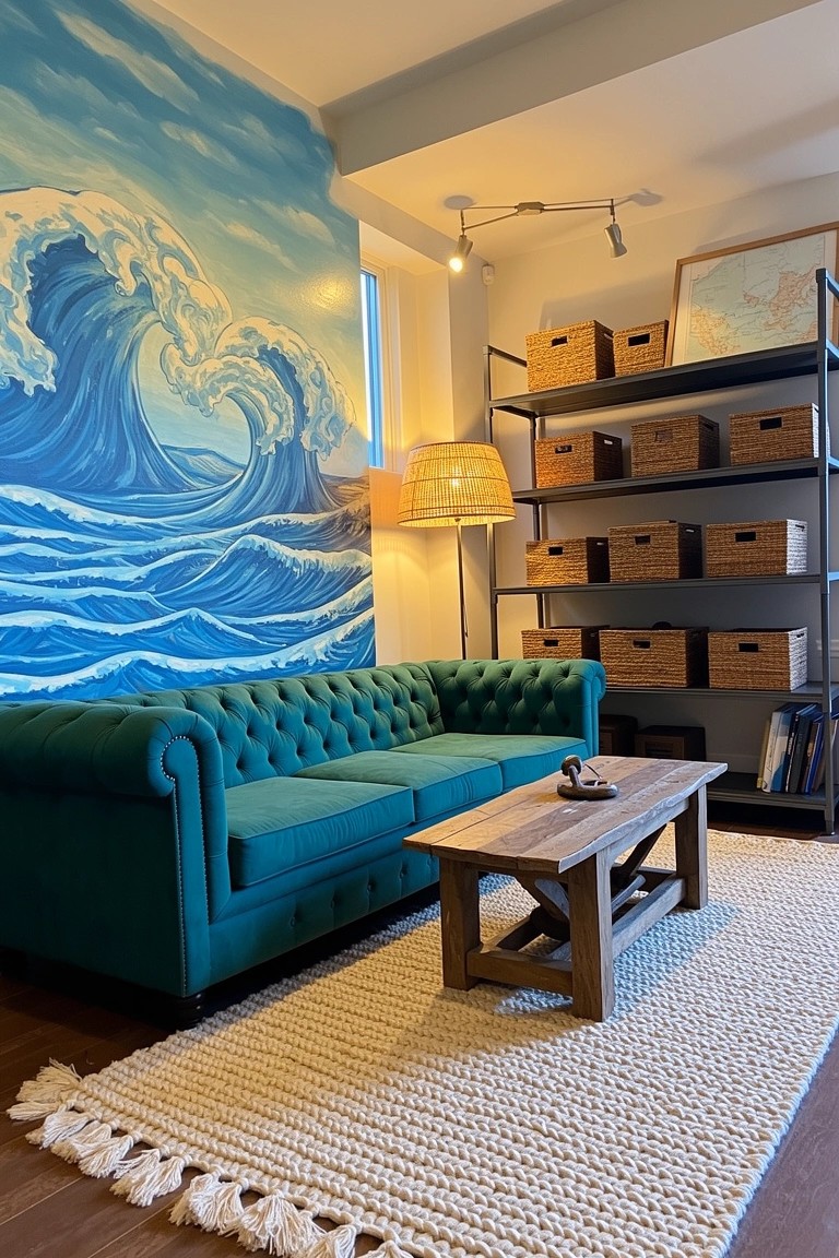 Surf-inspired living room with bold blue ocean wave mural on wall, green tufted sofa, wooden coffee table, and metal shelves holding wicker bins