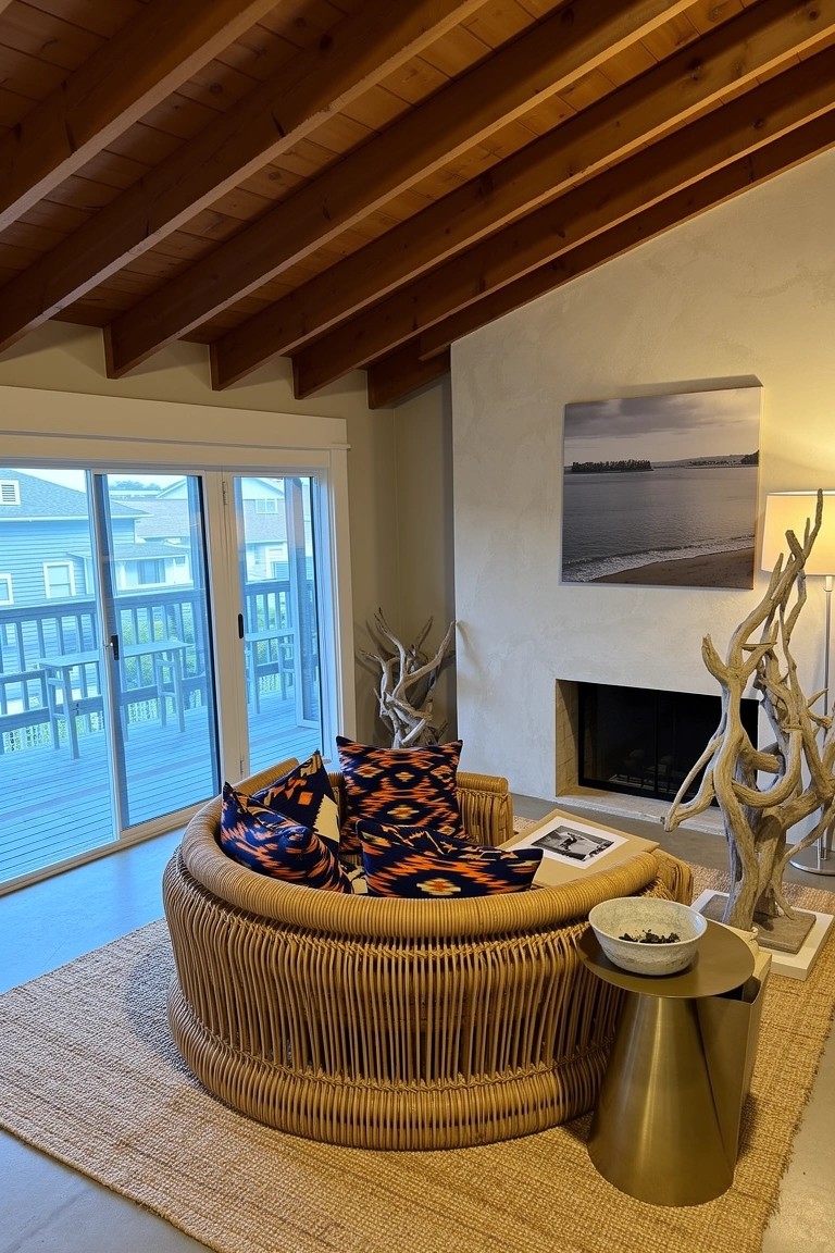 Round rattan sofa with bold orange and turquoise patterned cushions in a coastal living room facing large windows and a fireplace with driftwood accents