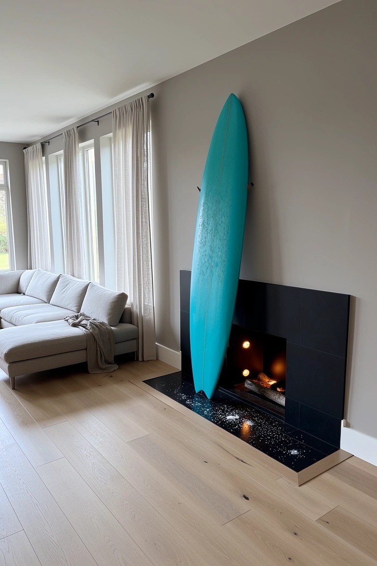 Surfboard by the Fireplace