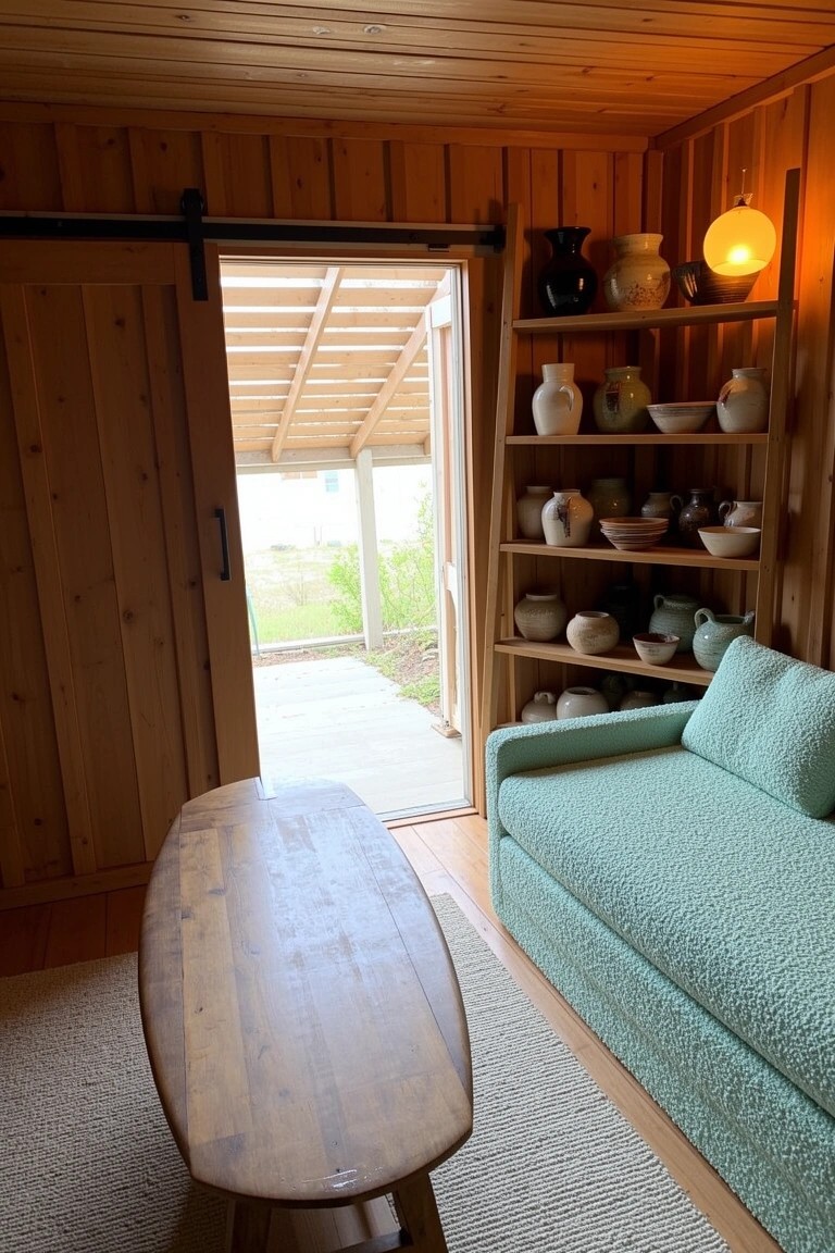 Wooden surfboard coffee table in a cozy paneled living room with green sofa, pottery shelves, and open sliding door to deck
