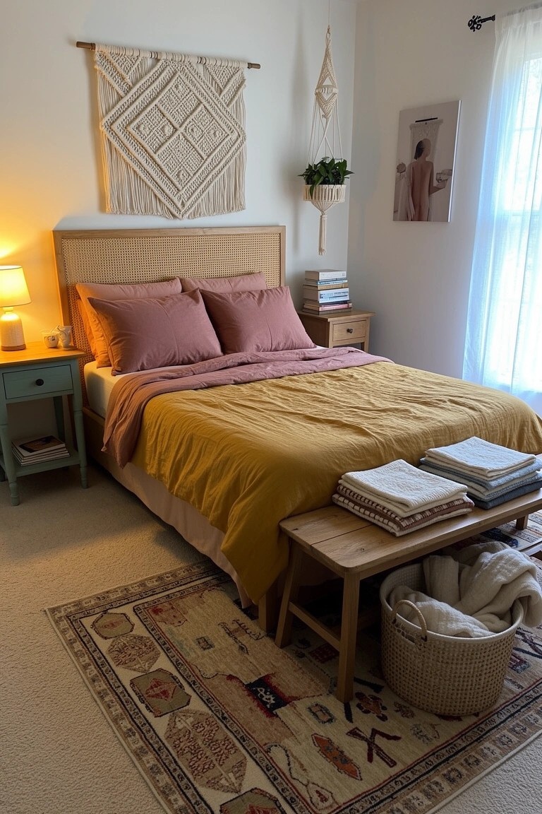 Boho bedroom with wooden bench and rattan basket at the end of a bed layered in mustard yellow and pink bedding