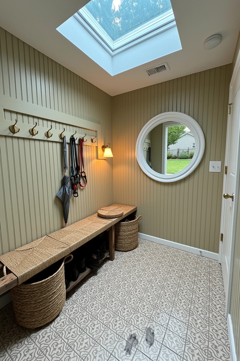 Wooden bench with woven storage baskets underneath in a paneled mudroom entryway