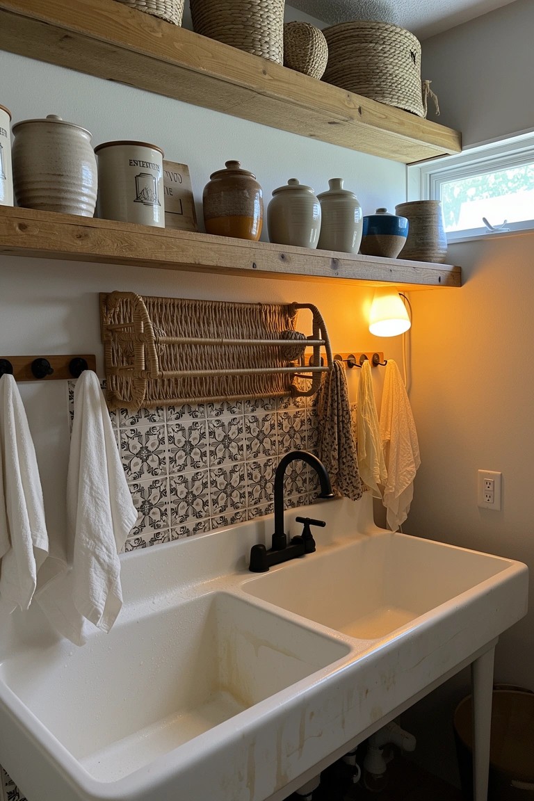 White double farmhouse sink in a boho laundry room with wooden open shelves holding ceramic jars and woven baskets, blue patterned tile backsplash, and rattan towel holder under warm light