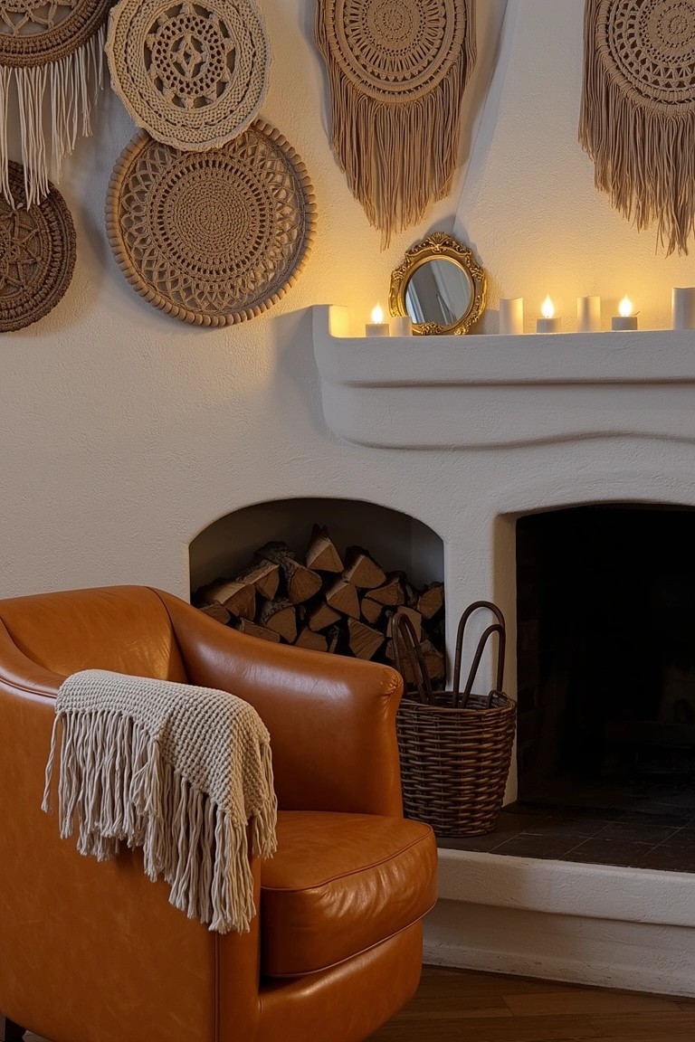 Cozy boho fireplace corner featuring woven macrame wall hangings, leather armchair with fringed throw, candles on mantel shelf, and stacked firewood