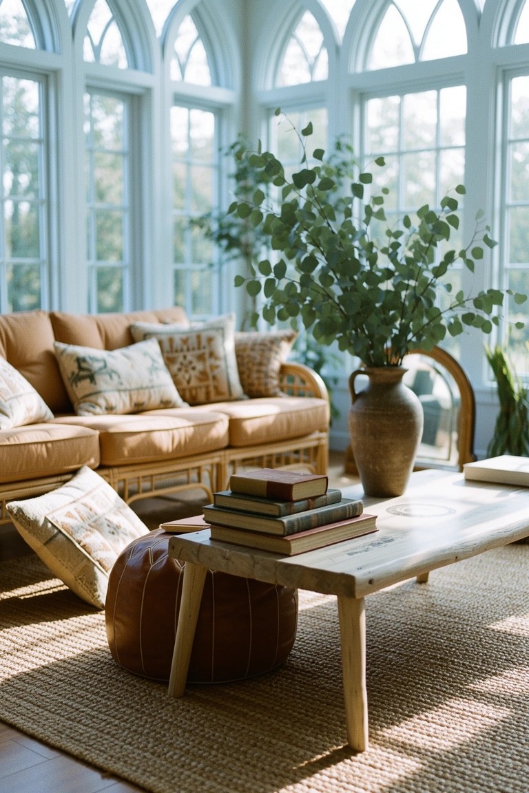 Sunlit sunroom nook with tan sofa, patterned pillows, low wooden coffee table stacked with books, large potted eucalyptus branches, leather pouf, and seagrass rug