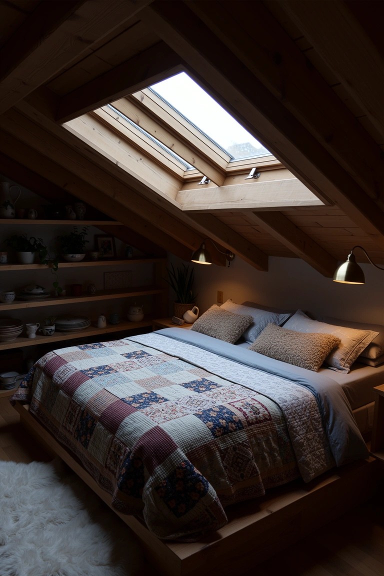 Cozy attic bedroom with exposed wooden beams, skylights, patchwork quilt on platform bed, built-in shelves, plants, and warm lamp light