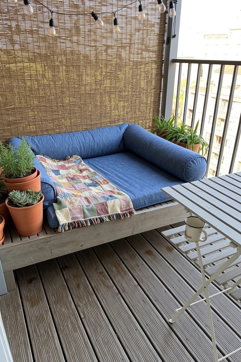 Blue cushioned daybed on a wooden balcony platform with potted plants, a colorful blanket, bamboo screens, string lights, and a small table
