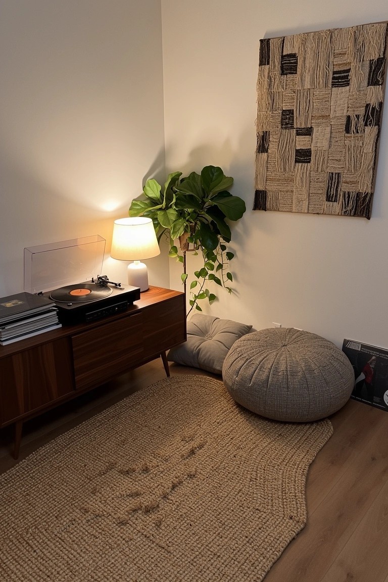 Cozy boho living room corner featuring a wooden mid-century sideboard with record player, fiddle leaf fig plant, woven wall art, lamp, and gray pouf on seagrass rug