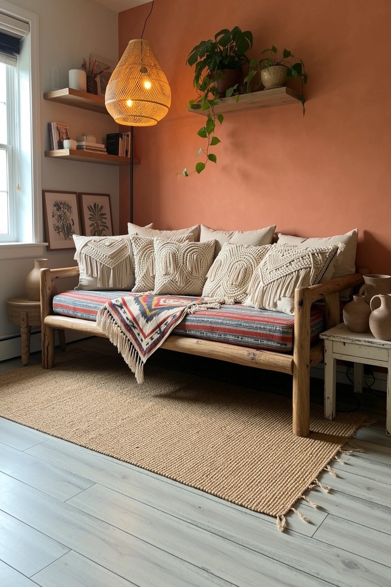 Wooden daybed with white macrame pillows, colorful striped blanket, and terracotta wall in boho living space