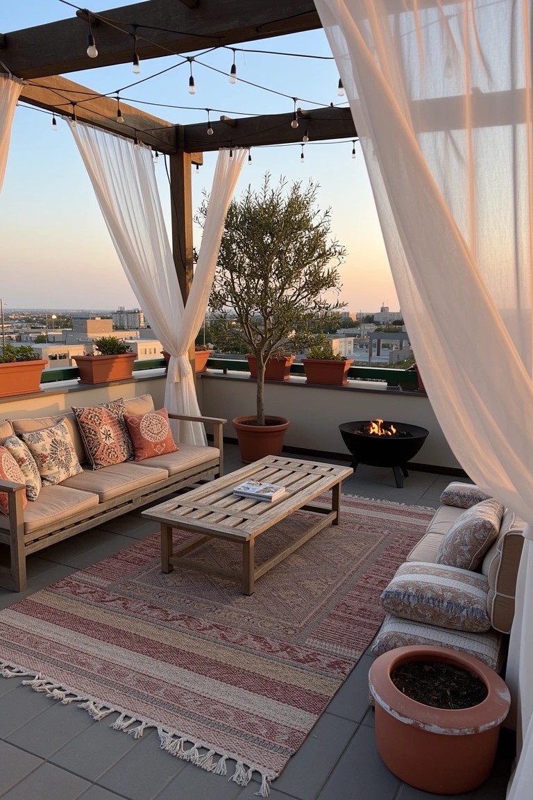 Cozy boho rooftop lounge with sheer white curtains on wooden pergola, low wooden sofa with patterned pillows, coffee table, fire pit, and potted plants