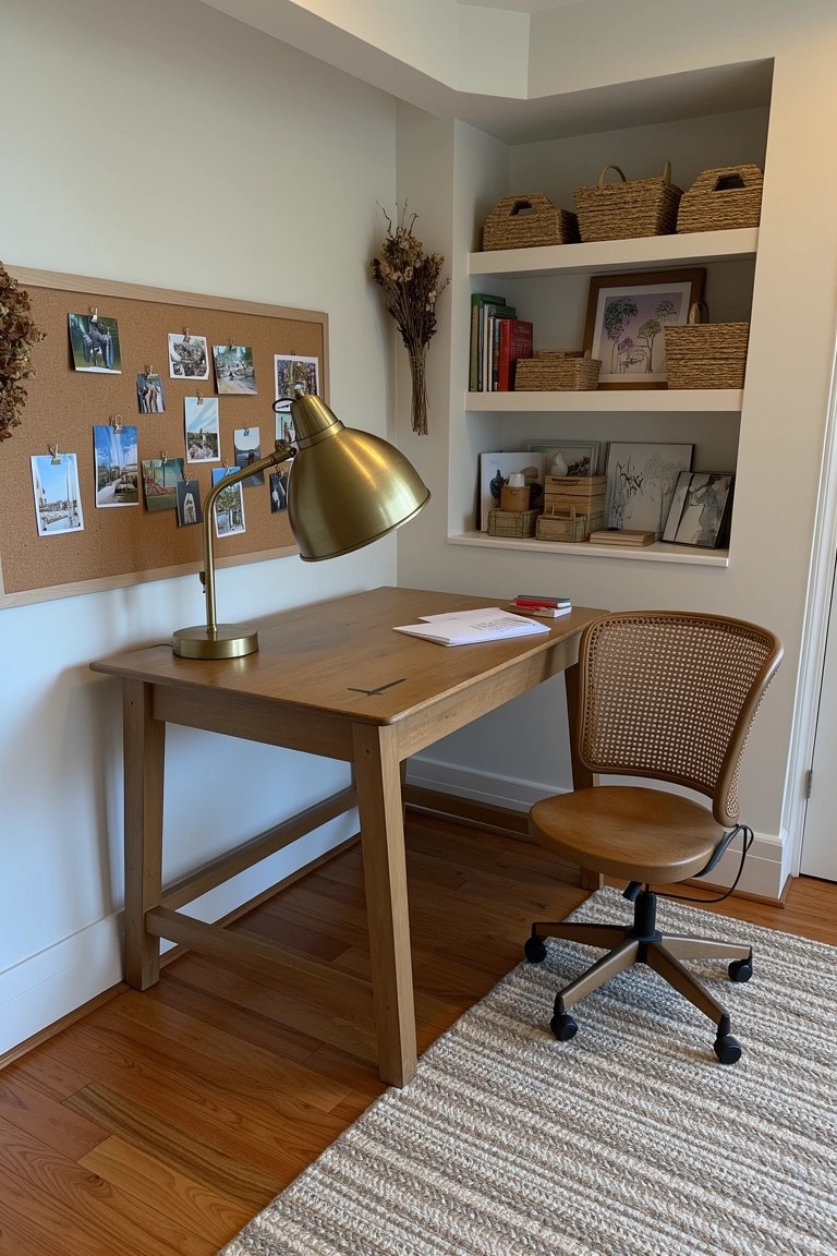 Wooden desk in a light corner nook with rattan chair, brass lamp, corkboard photos, and shelves holding baskets and books