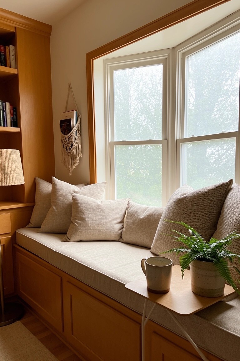 Wooden built-in window bench with stacked beige cushions, potted fern, mug on tray, and nearby bookshelves