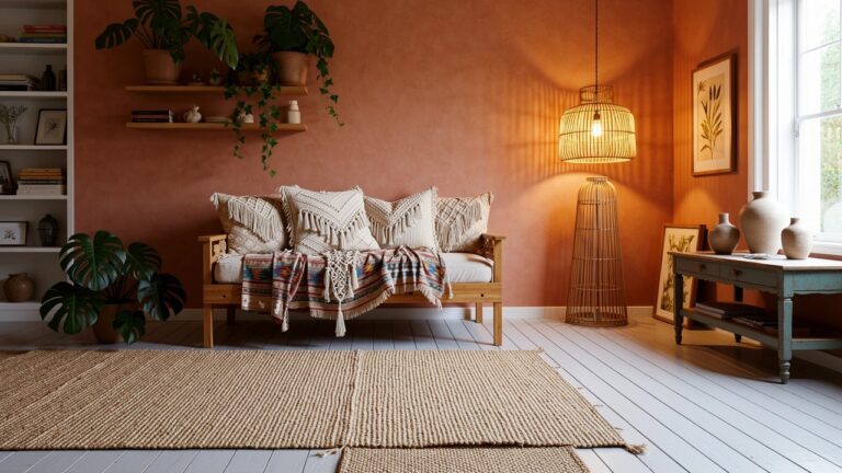 Wooden daybed with white macrame pillows, colorful striped blanket, and terracotta wall in boho living space