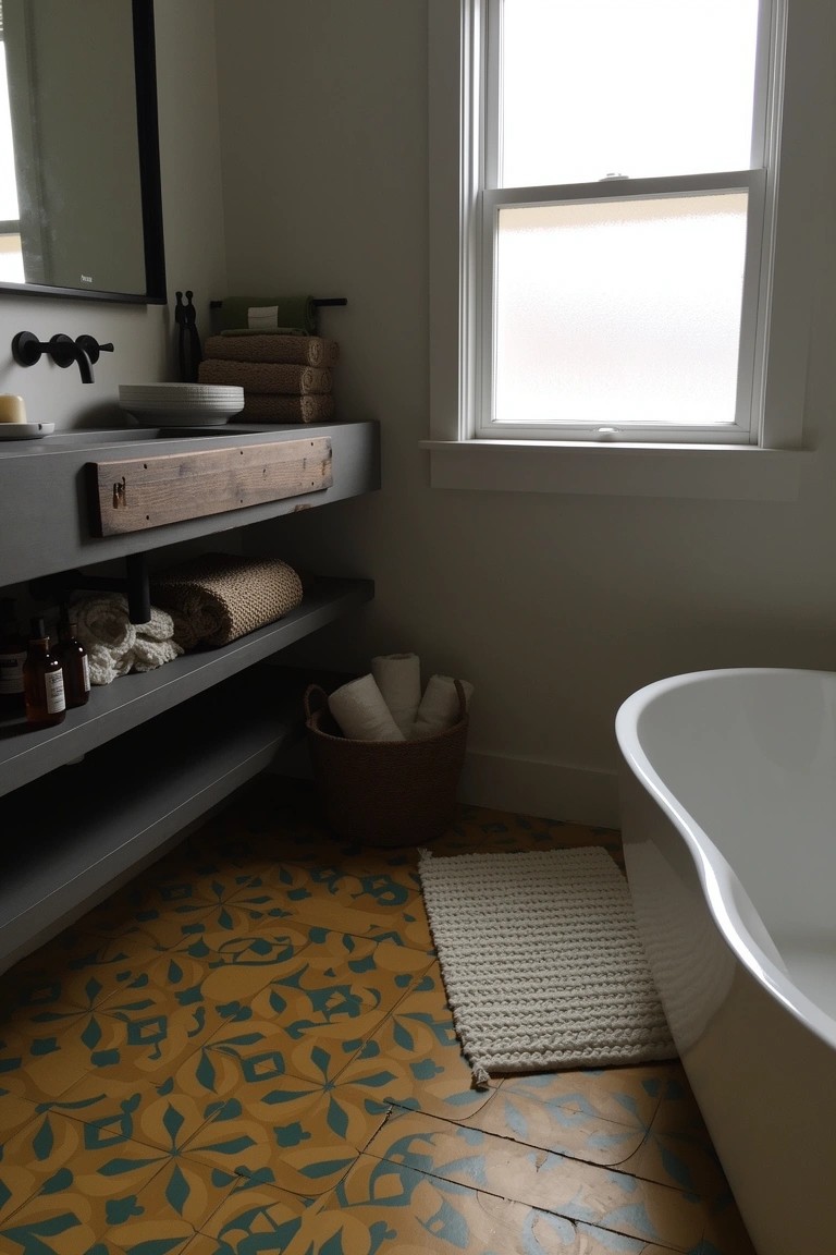 Boho bathroom with yellow leaf-patterned tile floor, wooden vanity shelf, white freestanding tub, and woven storage baskets