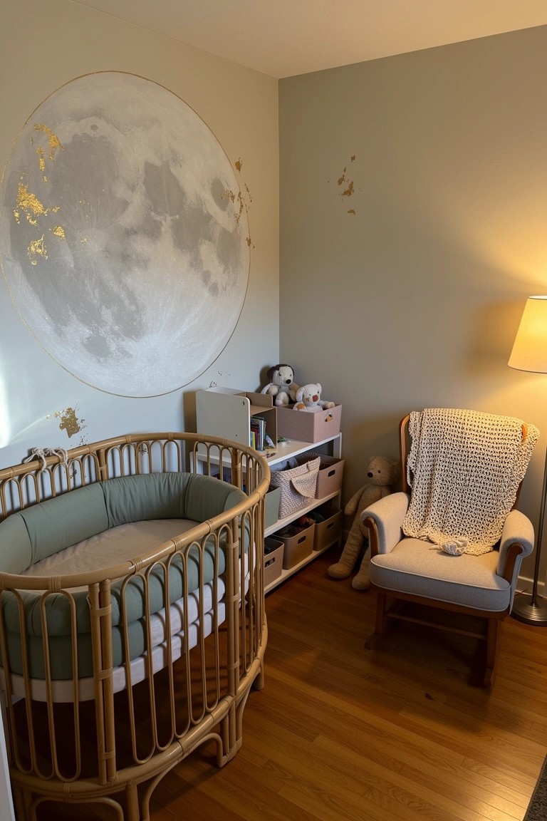 Boho nursery room with rattan crib, moon wall decal, rocking chair, and stuffed animals on shelves