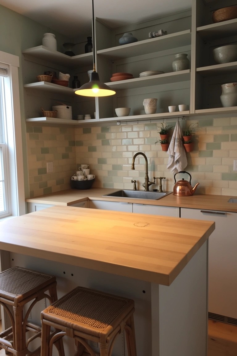 Cozy boho kitchen with light green walls, wooden island topped counter, rattan bar stools, open shelves holding pottery, hanging plants, and copper kettle on sink.