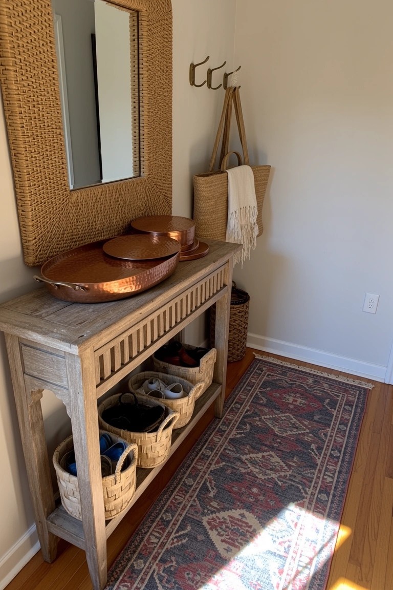Wooden console table in entryway with woven baskets storing shoes, rattan mirror above, copper bowls on top, and patterned rug below