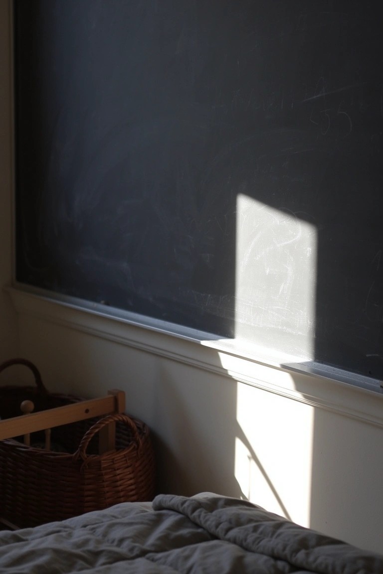 Chalkboard wall beside a bed and wooden-handled wicker basket in a light-filled room