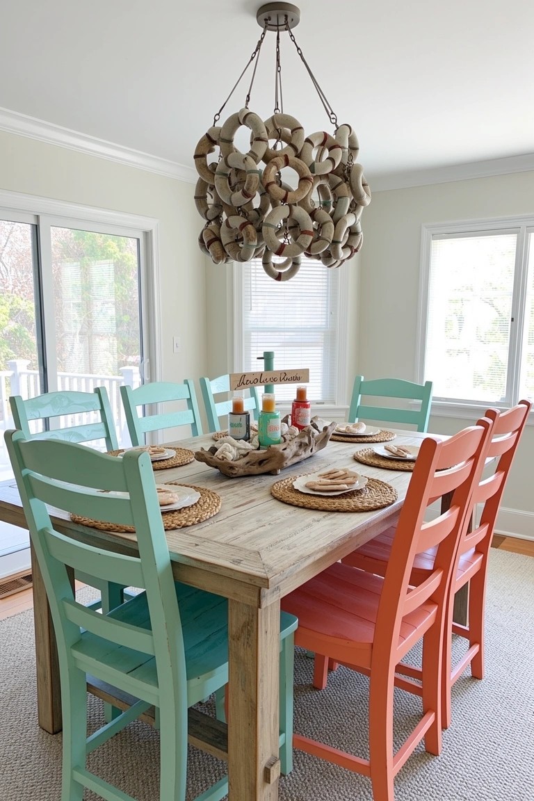 Coastal dining room with knotted rope chandelier hanging over weathered wood table, turquoise and orange chairs, shell plates, and beach bottles on table