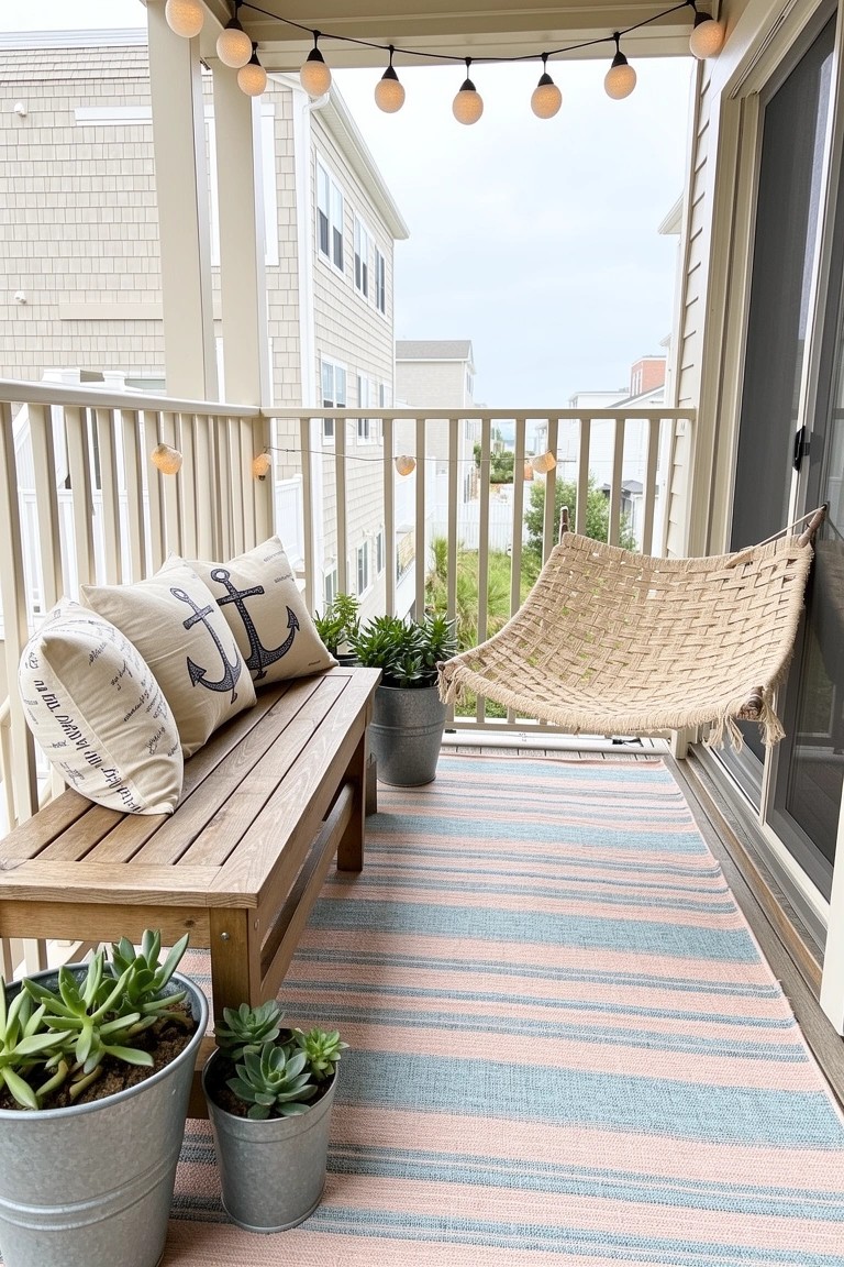 Cozy coastal balcony setup featuring a wooden bench with anchor-patterned pillows, woven hanging chair, potted plants in galvanized buckets, blue-and-pink striped rug, and string lights along the railing