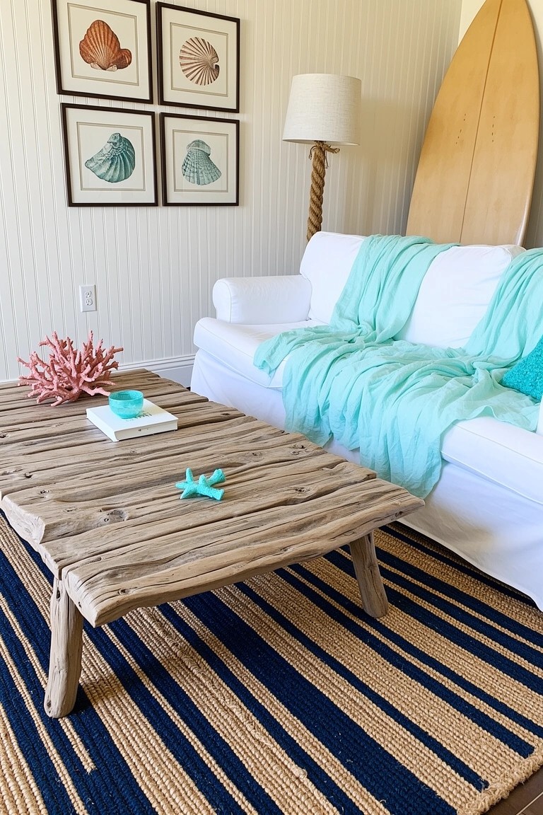 Coastal living room with driftwood coffee table topped by a white starfish and book, white sofa draped in aqua throws, shell art on walls, and surfboard leaning nearby