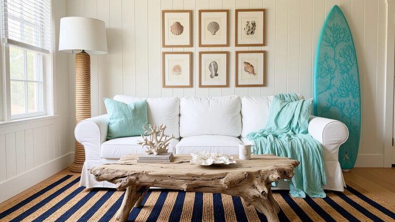 Coastal living room with driftwood coffee table topped by a white starfish and book, white sofa draped in aqua throws, shell art on walls, and surfboard leaning nearby