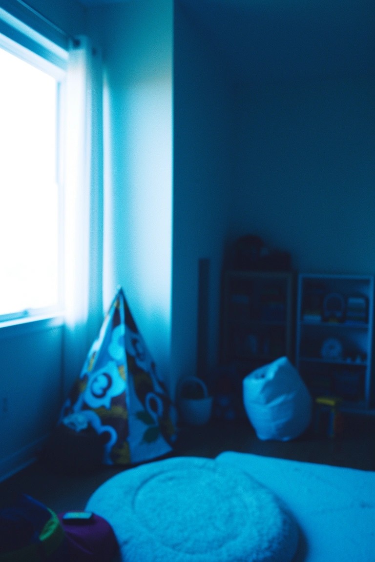 Cozy room corner with large blue patterned pouf and white furry floor cushion near open shelves and window