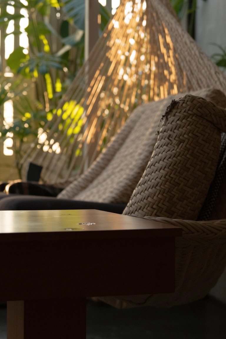Cozy beige woven hanging chair with cushions next to plants and a wooden table in a bright room
