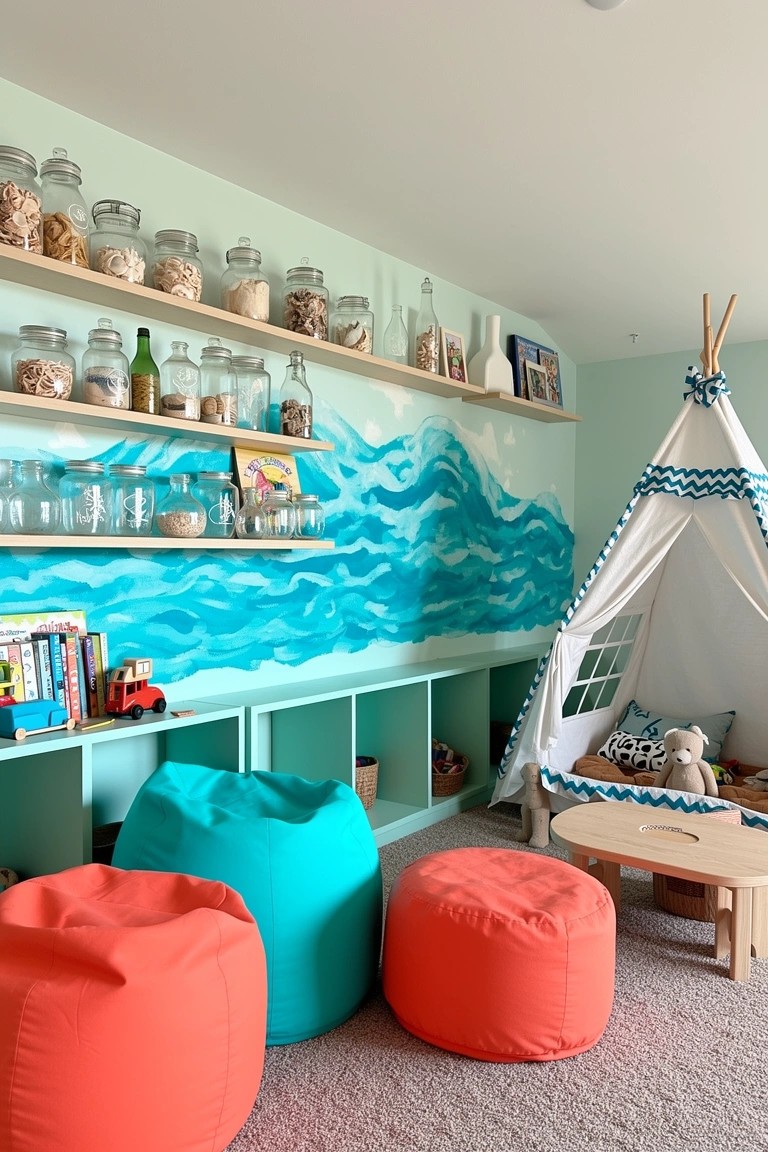 Kid's playroom featuring a large blue ocean wave mural on mint green shelves stocked with shell-filled jars, plus a white teepee and colorful bean bags.