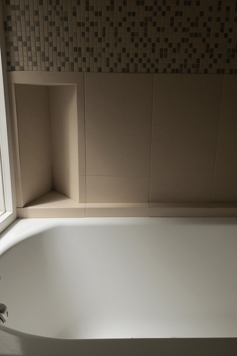 White bathtub in tiled bathroom with recessed wall niche and beige mosaic tiles