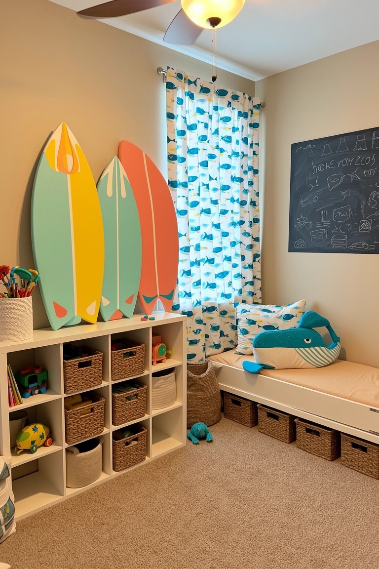 Child's beach-themed bedroom with turquoise and orange surfboards leaning against beige wall near white cube shelves stocked with toys and wicker baskets, blue wave curtains, and low bed with whale pillow