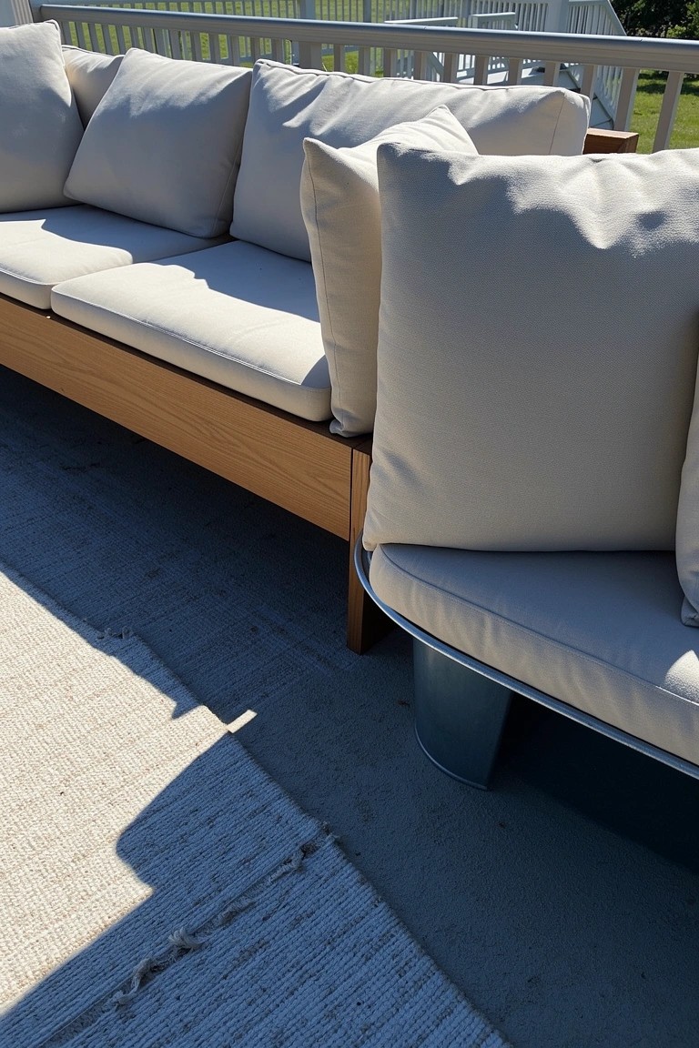 Wooden framed outdoor sofa with cream cushions on a deck beside white railings and a light rug