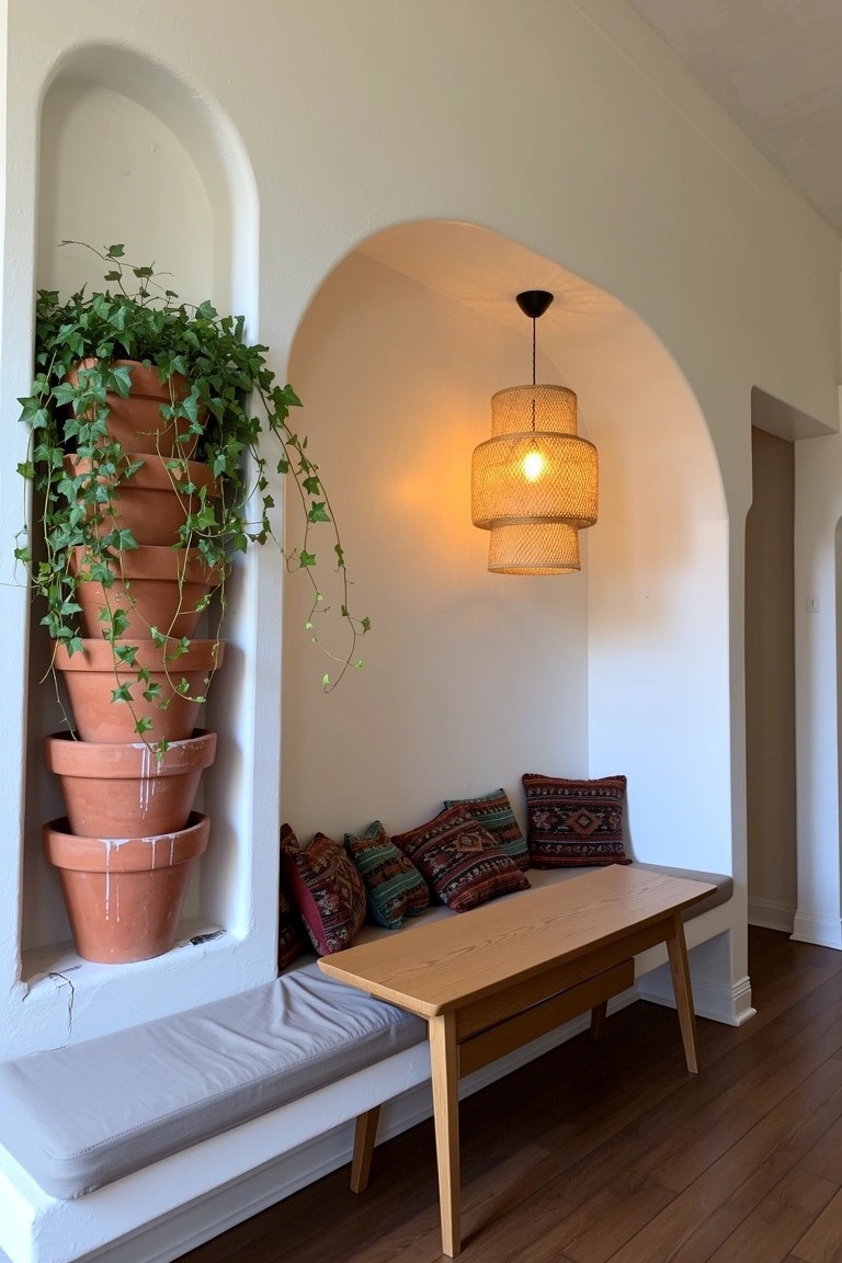 Arched white alcove with stacked terracotta pots overflowing with ivy, woven pendant light, colorful cushions on a built-in bench, wooden side table, and hardwood floor