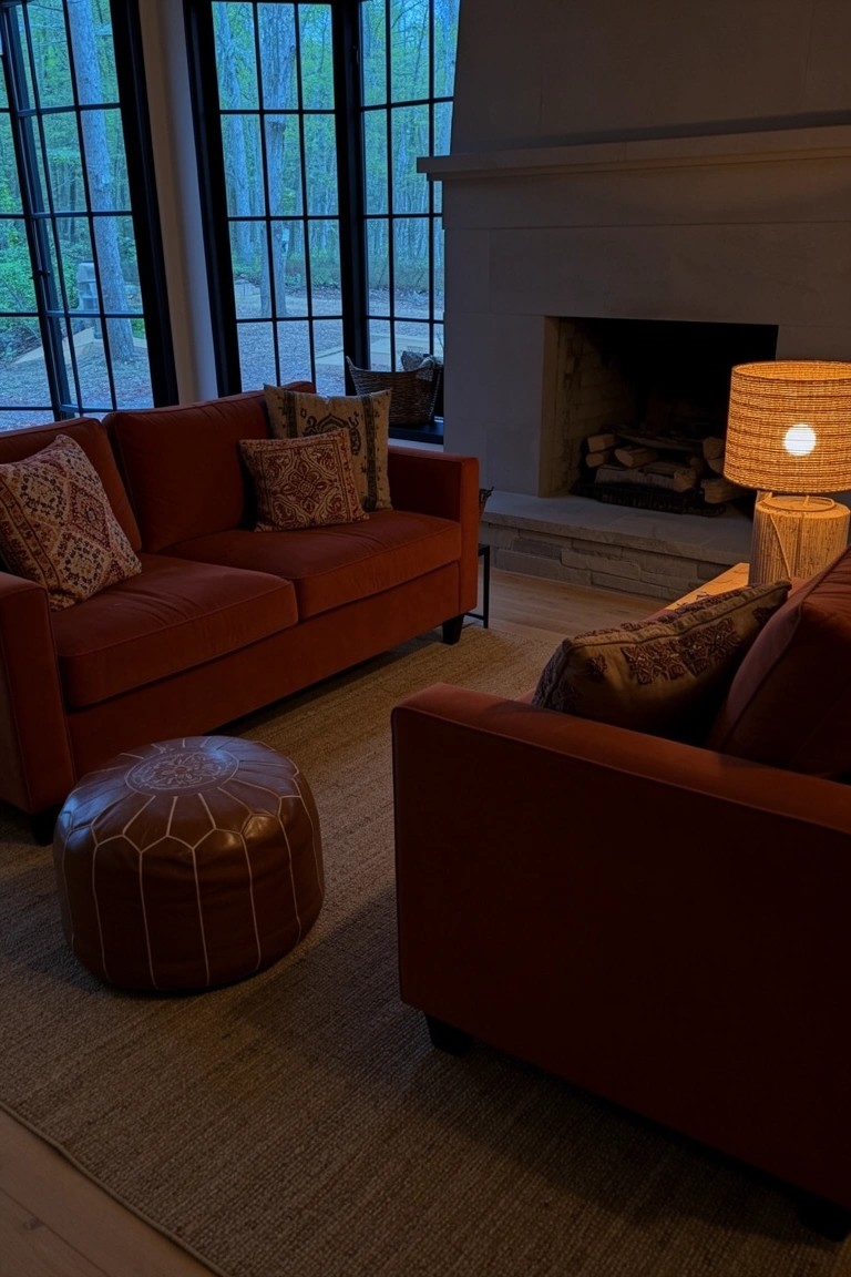 Terracotta sofas and woven lamp in a boho living room with large black-framed windows overlooking woods and a stone fireplace