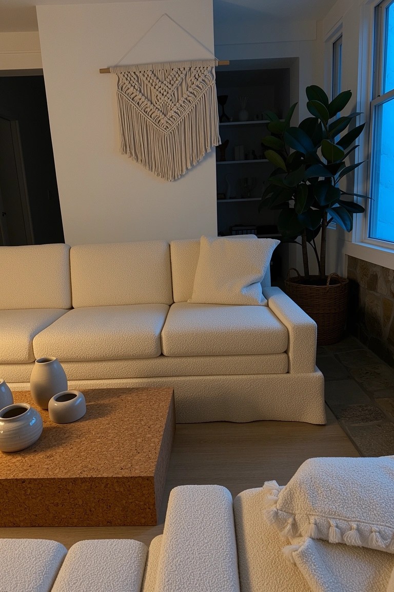 Cream sofa with chunky cork coffee table, macrame wall hanging, and potted plant in neutral boho living room