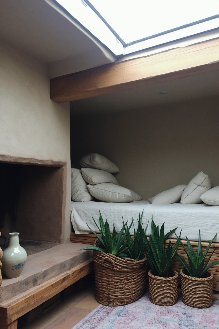 Cozy fireside nook featuring a low bench piled with white pillows, potted aloe plants in baskets, and a rough stone fireplace