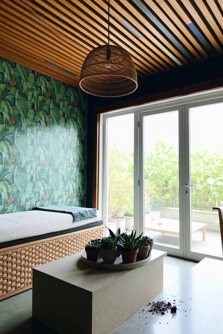 Boho room with vibrant green palm leaf wallpaper on one wall, wooden slatted ceiling, rattan pendant light, low woven platform bed, potted succulents, and glass doors opening to balcony plants