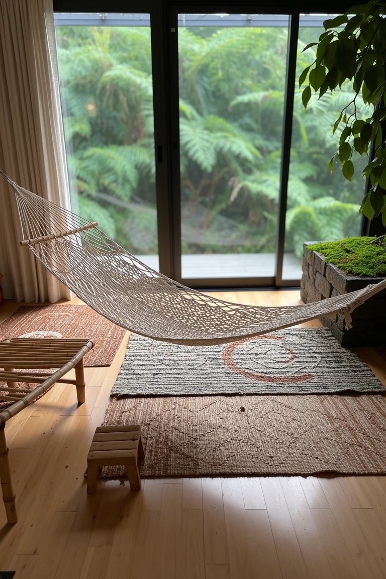 White woven hammock hanging in a boho living room with large glass doors to green ferns, wooden stools, and layered rugs