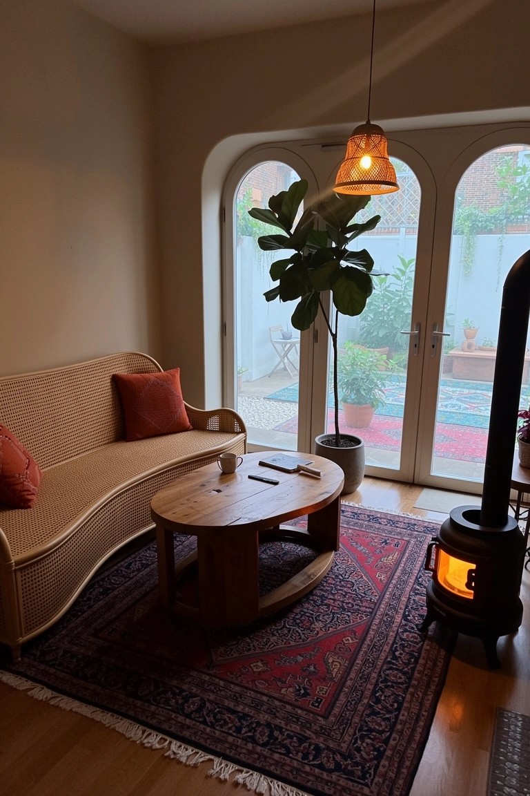 Cozy living room with tall fiddle leaf fig plant beside arched French doors to garden, curved beige sofa, wooden coffee table on red Persian rug, and wood stove.
