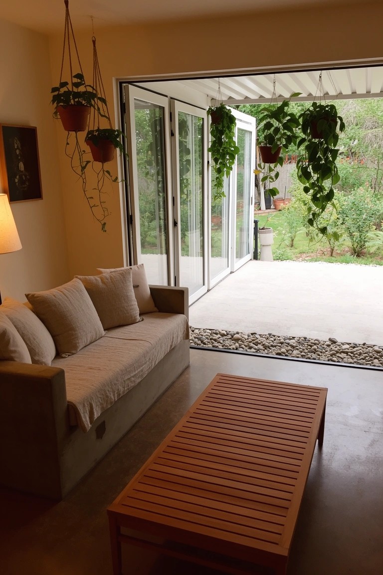 Neutral living room with beige sofa, wooden coffee table, and hanging plants, open sliding doors to outdoor patio with greenery and pebble ground