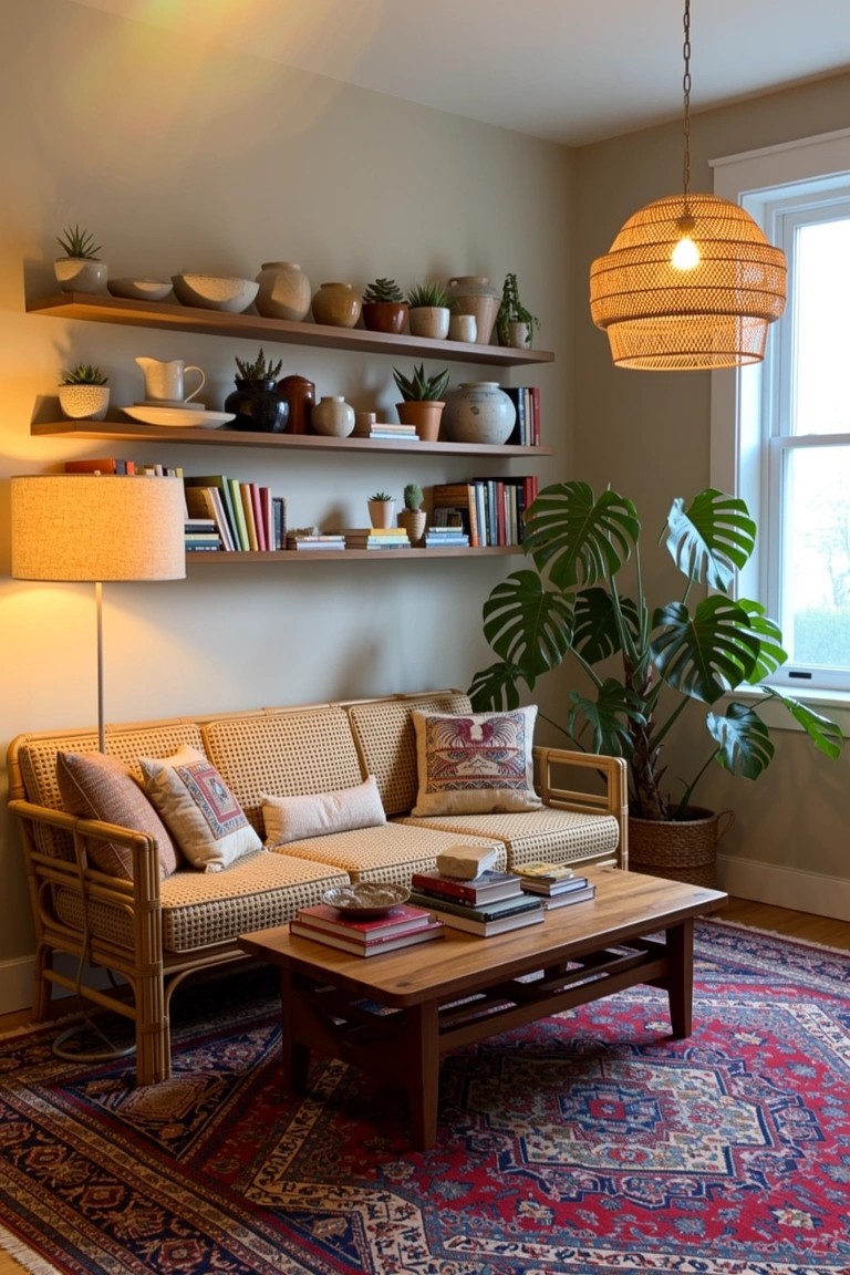 Boho living room corner with rattan sofa, low wooden table on red rug, and open wall shelves holding plants and ceramic pots