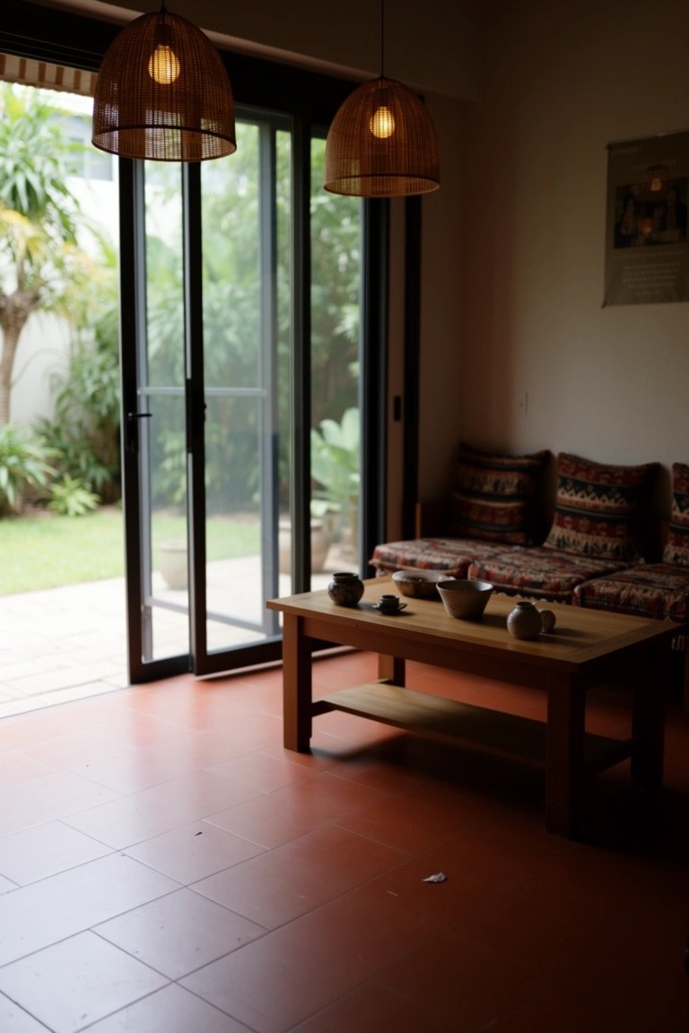 Boho living room with large sliding glass doors open to a lush garden, rattan pendant lights overhead, wooden coffee table with ceramics, and patterned sofa cushions