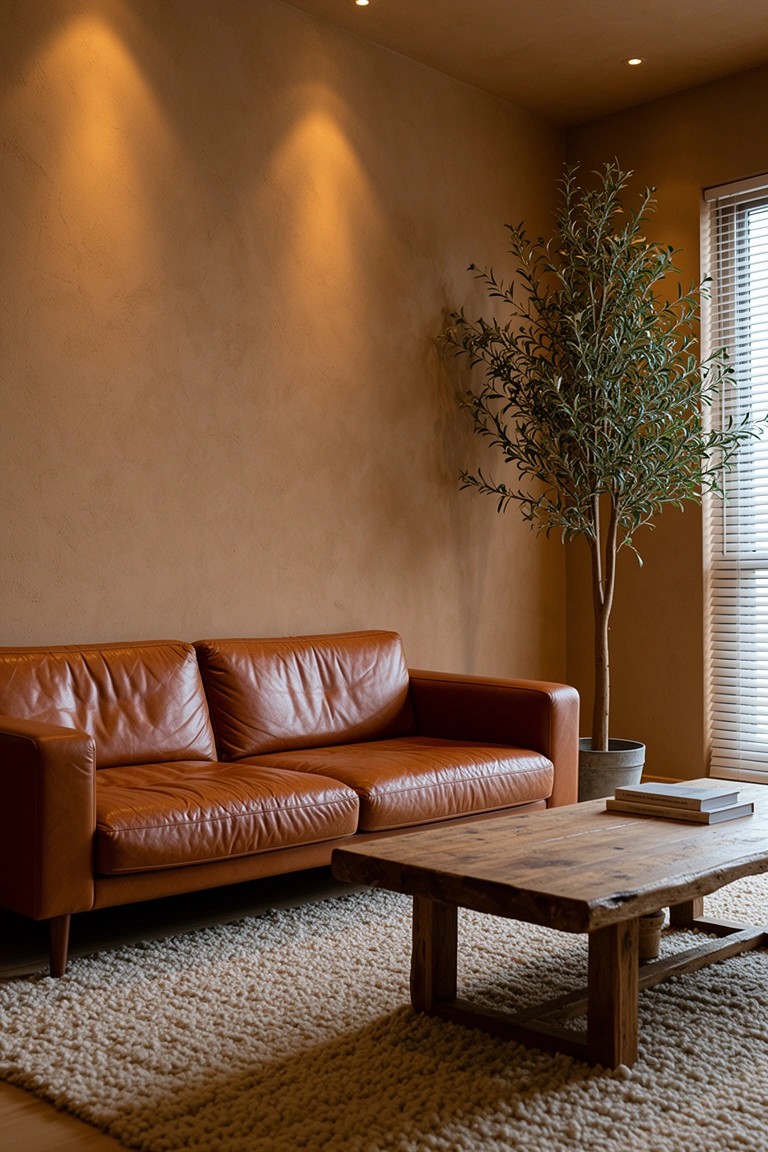 Living room corner with tall potted olive tree next to brown leather sofa, rustic wood coffee table on fluffy rug, warm terracotta walls